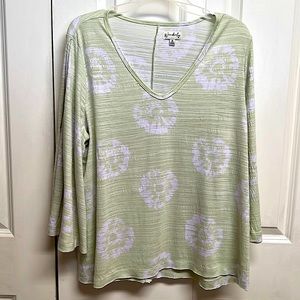 Wonderly Green White Floral Print V Neck Mid Flutter Sleeve Top Size XL